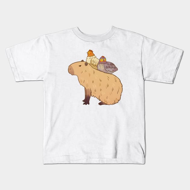 Cute capybara and chickens friends illustration Kids T-Shirt by Yarafantasyart